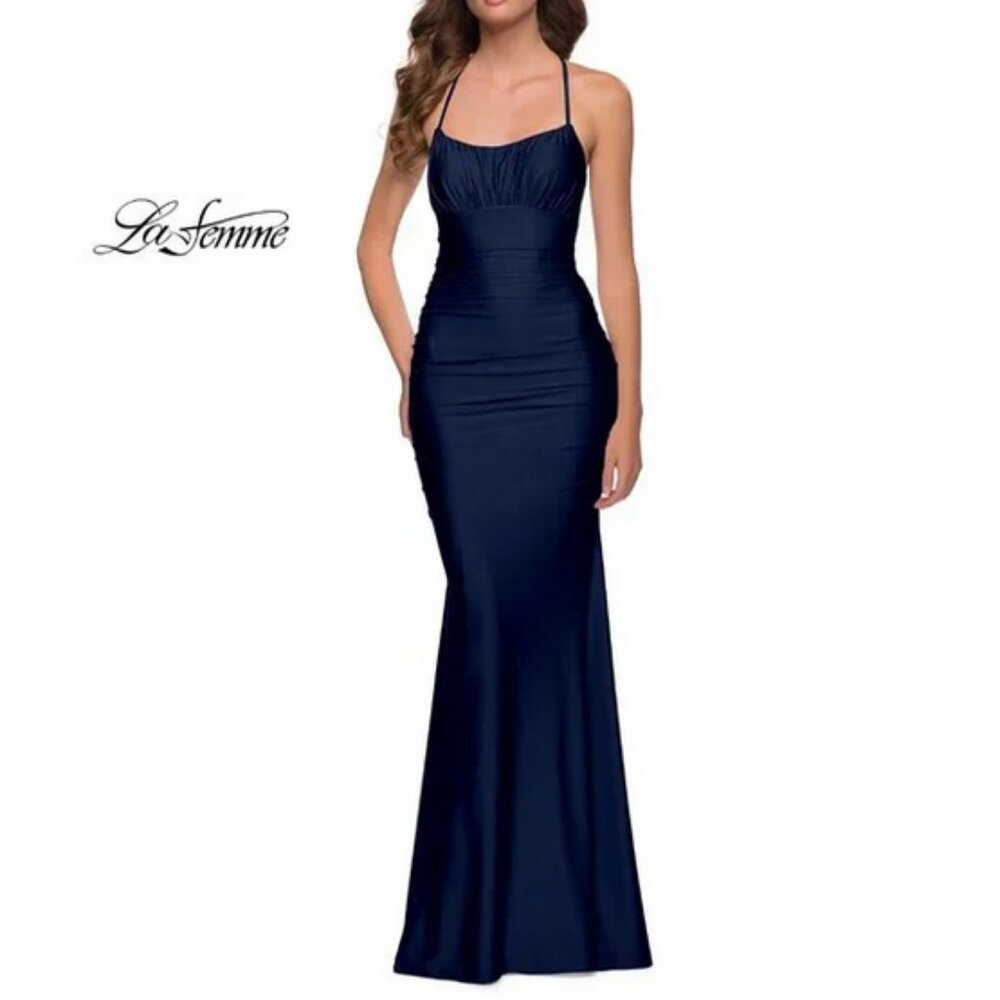 LA FEMME 29873 Wrap Strappy Back Jersey Gown navy blue